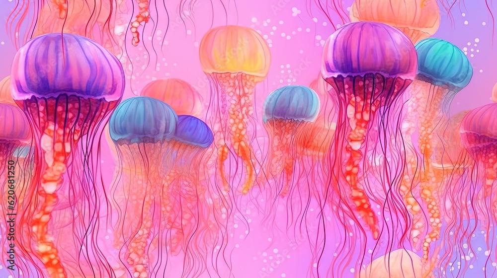  a group of jellyfish floating in the ocean with pink and blue colors and bubbles in the water and o