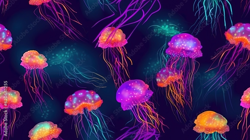  a group of jellyfish floating in the ocean on a dark blue background with neon colors and bubbles i