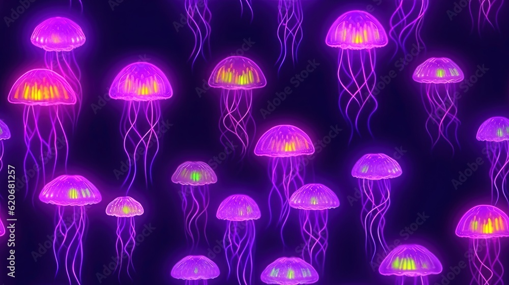  a group of jellyfish floating in the ocean at night time with colorful lights on their heads and bo