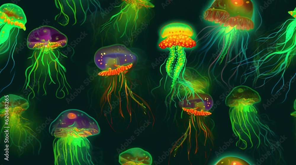  a group of jellyfish floating in the ocean at night time, all different colors and sizes, all on th