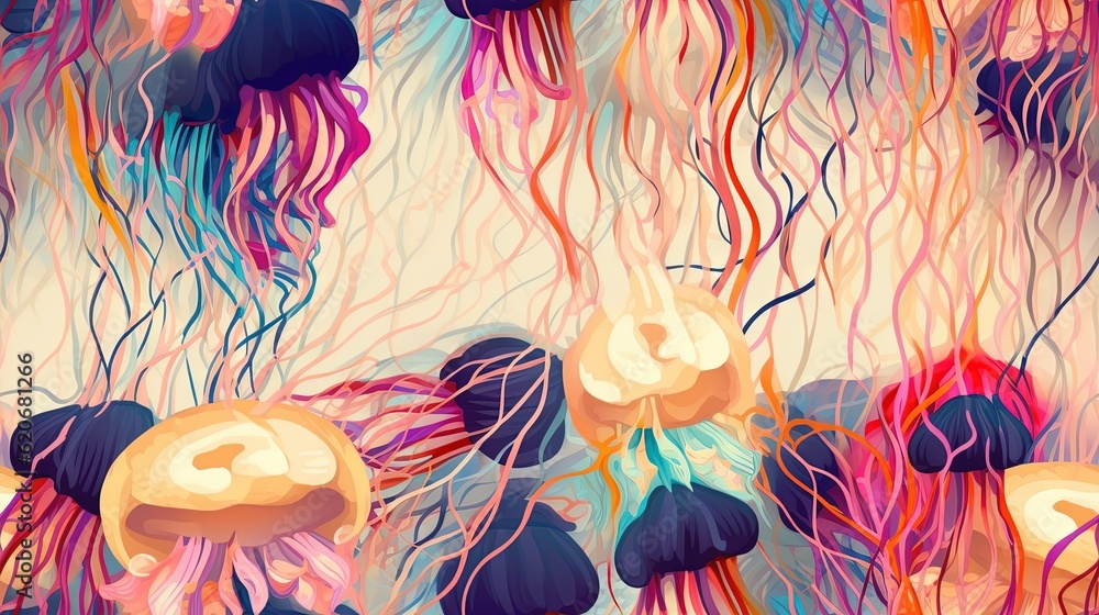  a group of jellyfish floating in the ocean together on a blue and pink background with a white circ