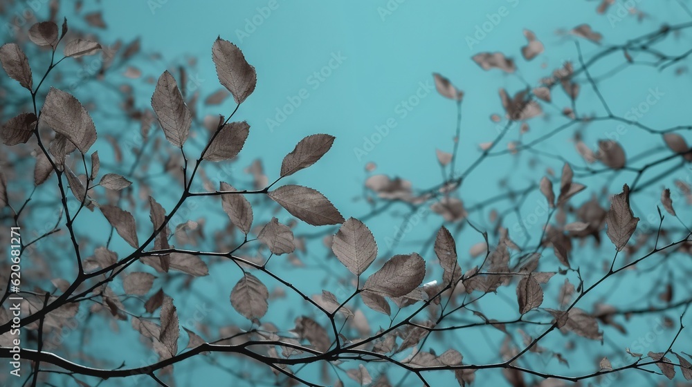  a tree branch with leaves on it against a blue background with the sky in the backround of the bran