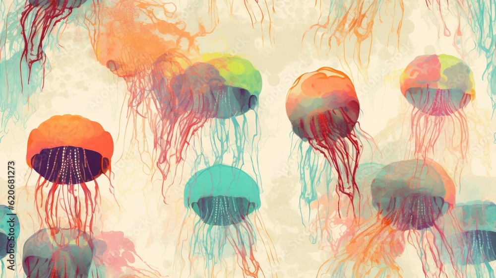  a group of jellyfish floating in the ocean with colorful watercolors on its walls and ceiling, all