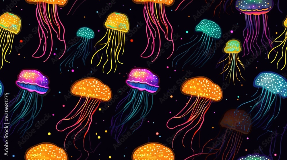  a group of jellyfish floating in the ocean on a black background with multicolored bubbles and bubb