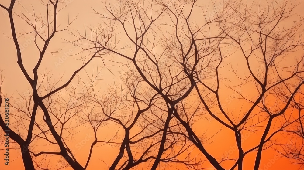  the branches of a tree against an orange sky at sunset or sunset, in the foreground is a silhouette