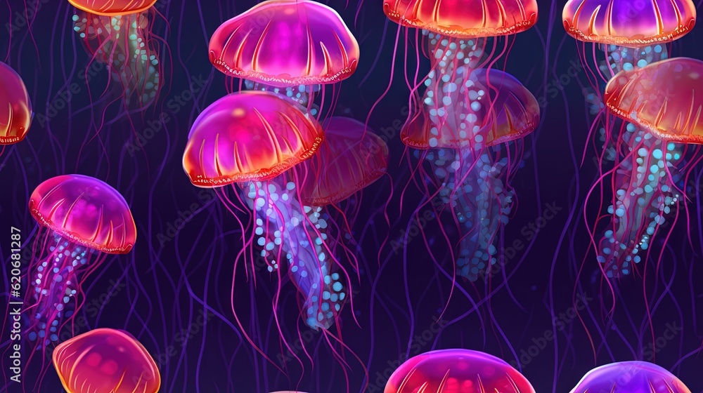  a group of jellyfish floating in the ocean at night with purple and pink colors and bubbles on the 