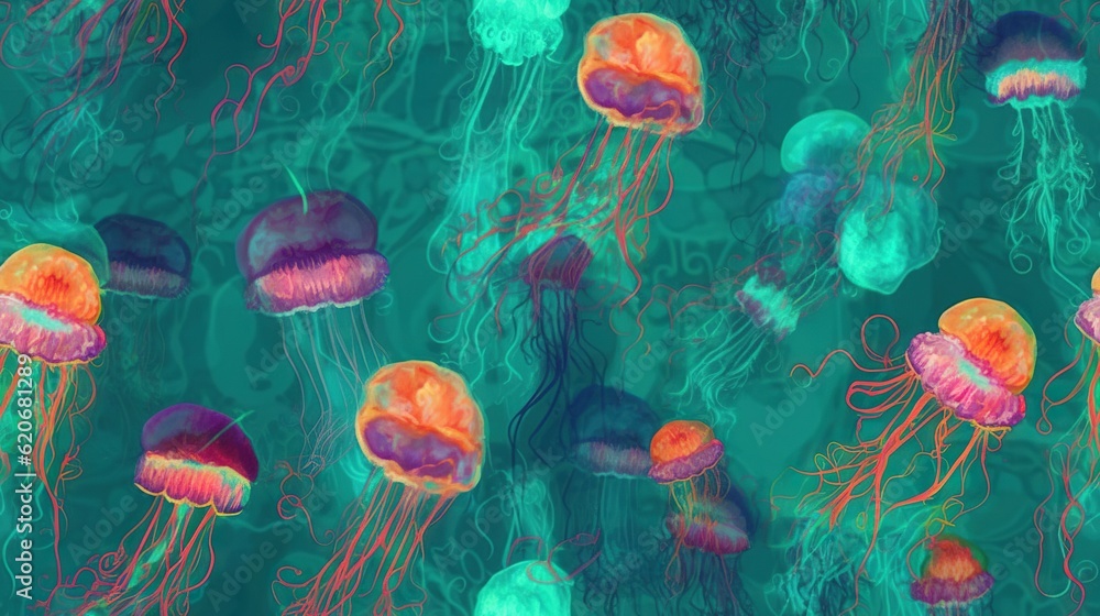  a group of jellyfish floating in the ocean water with colorful bubbles on the bottom of the water a