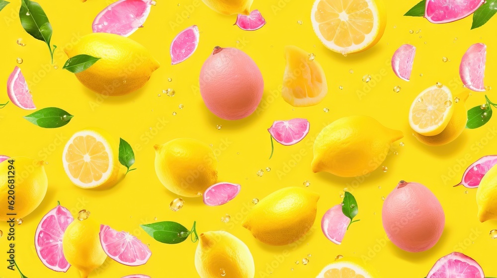  a yellow background with lemons, limes, and grapefruits on a yellow surface with water droplets on 