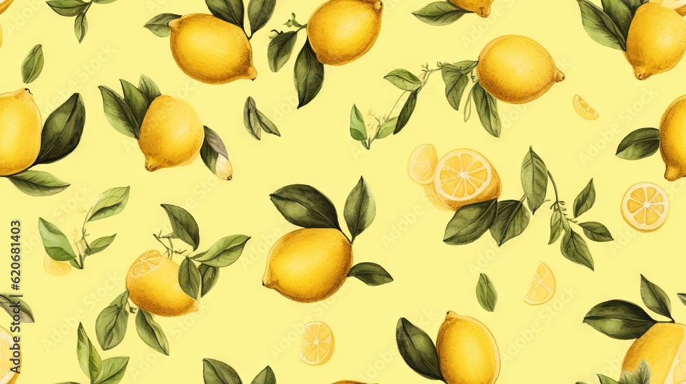  a painting of lemons and leaves on a yellow background with green leaves on the branches and on the