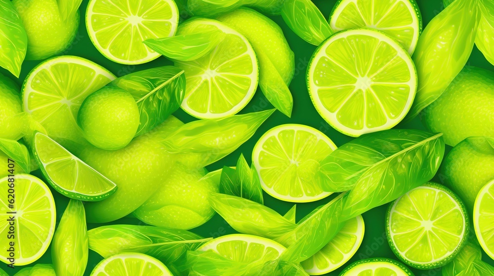  a lot of limes with leaves and lemons on them, all in a green color, with a light green background,