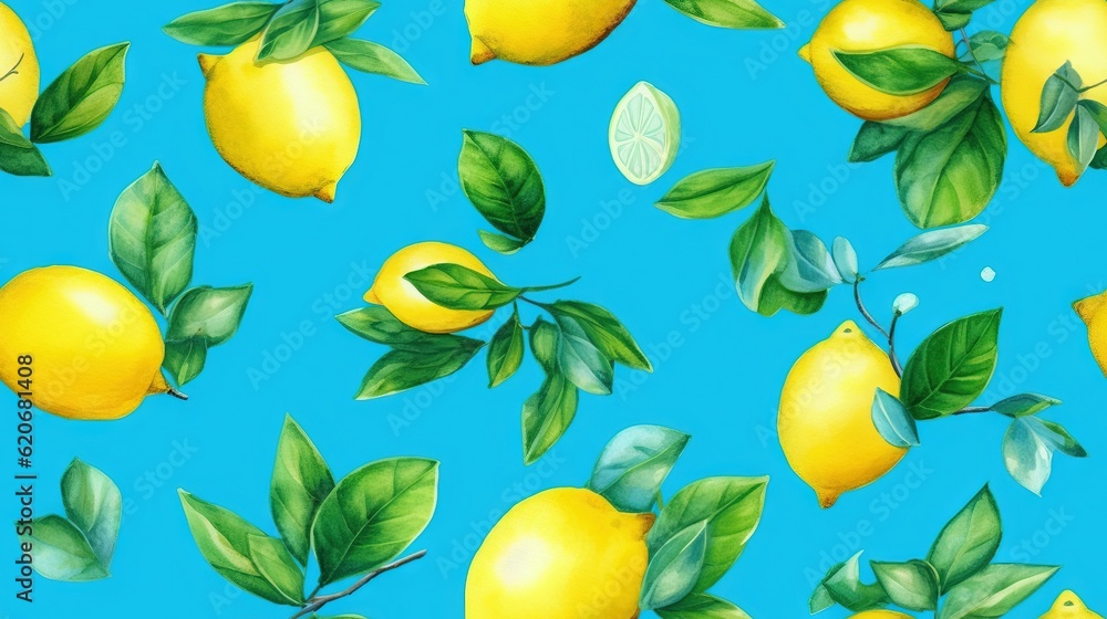  a painting of lemons and leaves on a blue background with green leaves on the branches and a lemon 