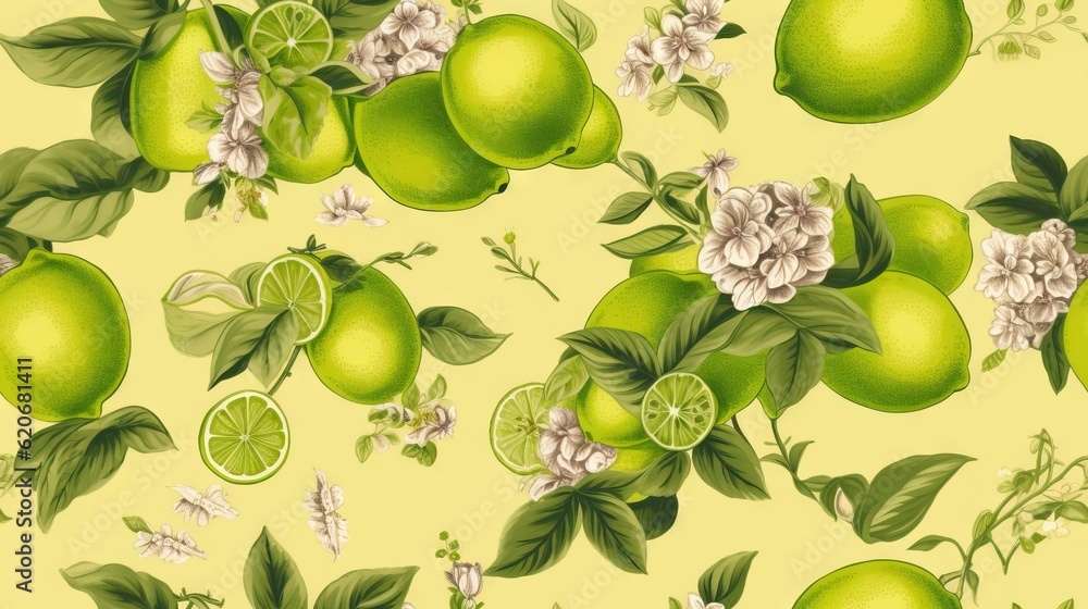  a yellow background with limes and flowers on it and leaves and flowers on the side of the image, a