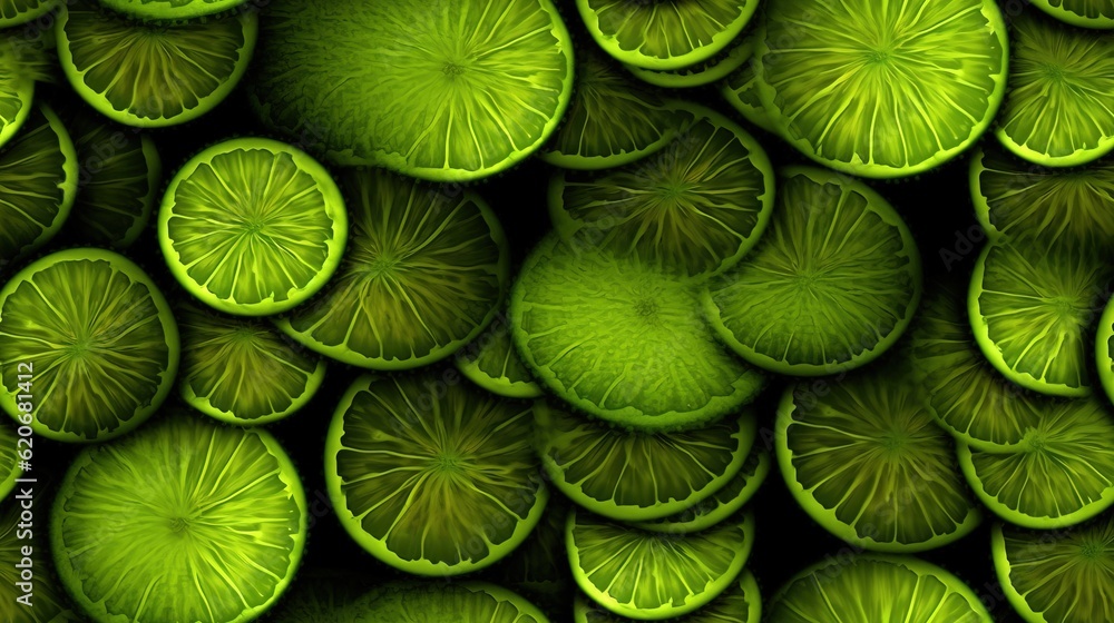  a close up of a bunch of lime slices on a black background with a green background and a green back