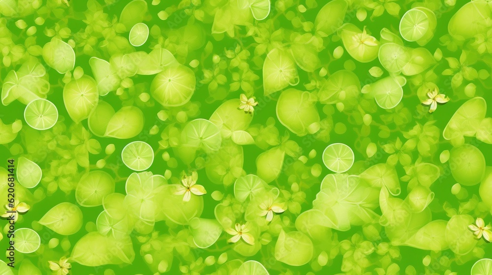  a green background with leaves and flowers on the bottom of it and a yellow flower on the bottom of