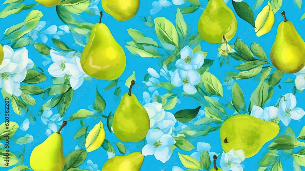  a painting of a bunch of pears and flowers on a blue background with green leaves and white flowers