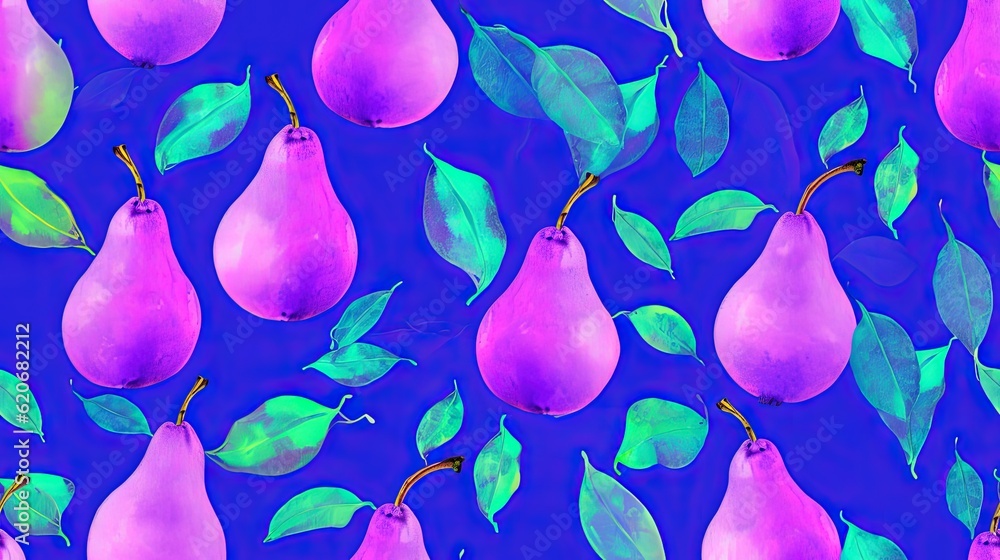  a blue and pink background with a bunch of pears and leaves on it with a purple background and a bl