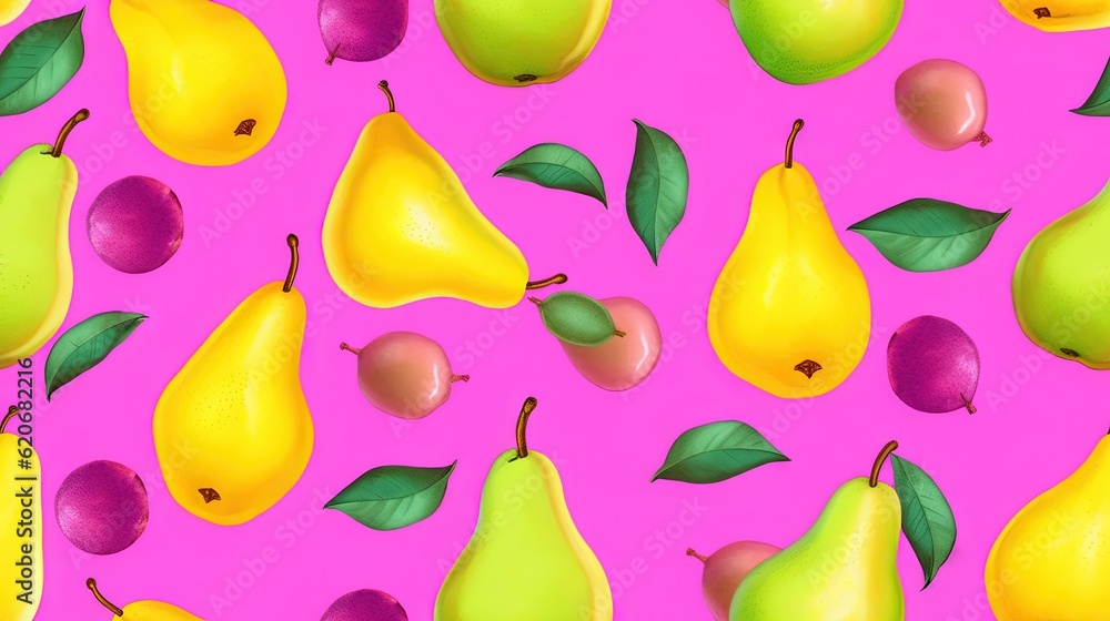  a pattern of pears, pears and apples on a pink background with green leaves and a pink background w