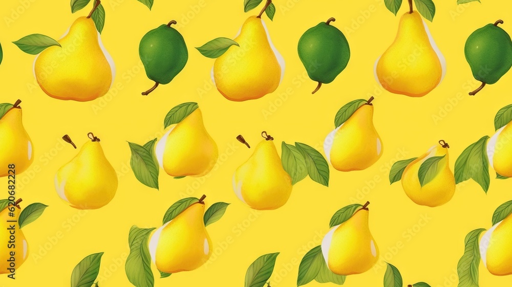  a group of pears with green leaves on a yellow background with a yellow background with a pattern o