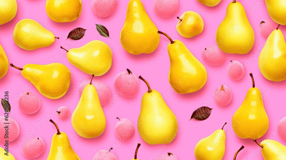  a group of pears and pears on a pink background with cherries and a pink background with a yellow p