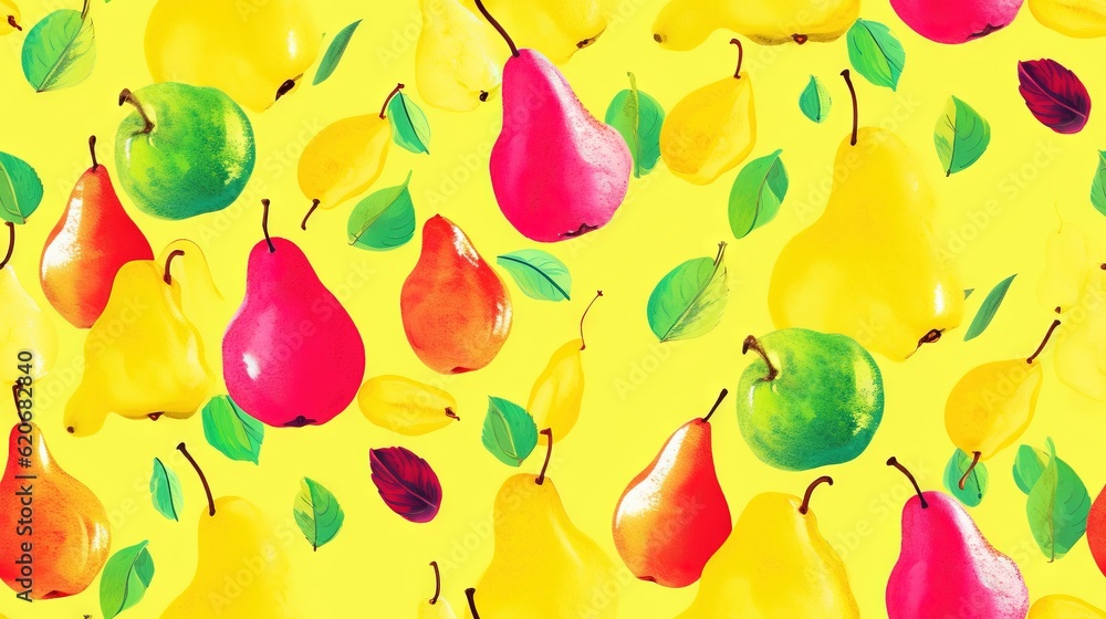  a yellow background with a bunch of pears and pears on it with green leaves on the top of the pears