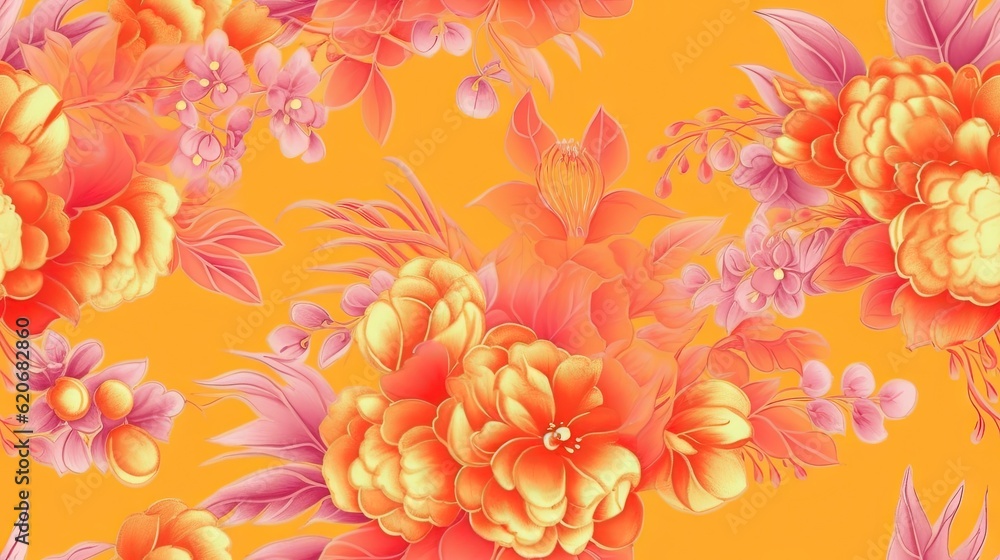  a yellow background with a bunch of pink flowers on top of each other on a yellow background with p