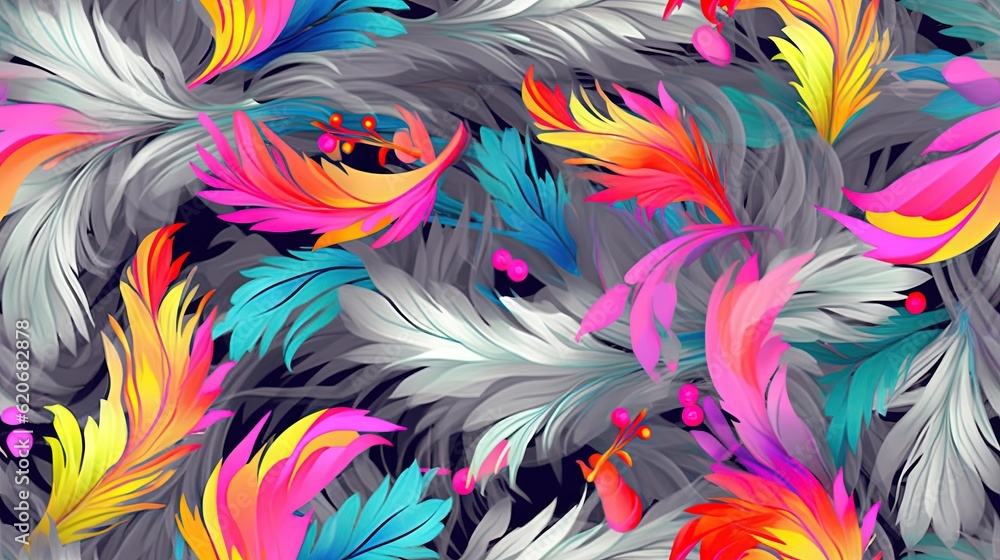  a colorful pattern of feathers on a gray background with a blue background and a red, yellow, and b