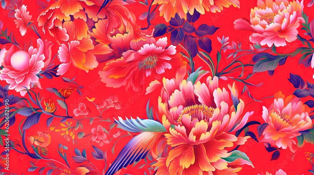  a red background with a bunch of colorful flowers on it and a bird on the bottom of the flower, and