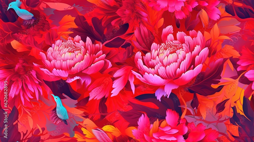  a bunch of flowers that are on a wallpaper pattern in red and pink colors with a blue bird in the m