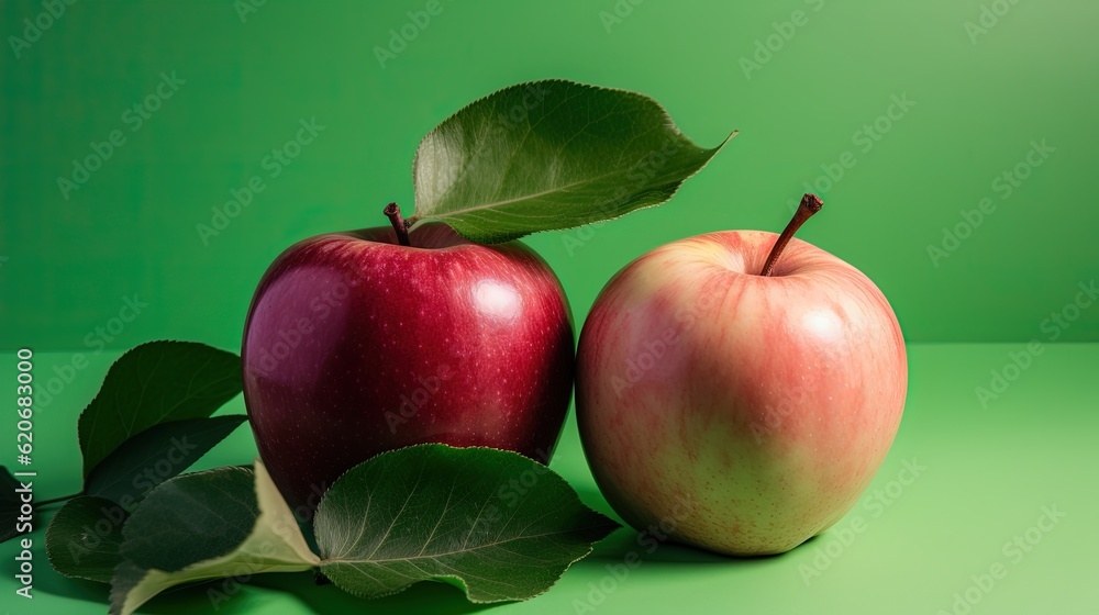  a couple of apples sitting on top of a green table next to a leafy branch on a green surface with a