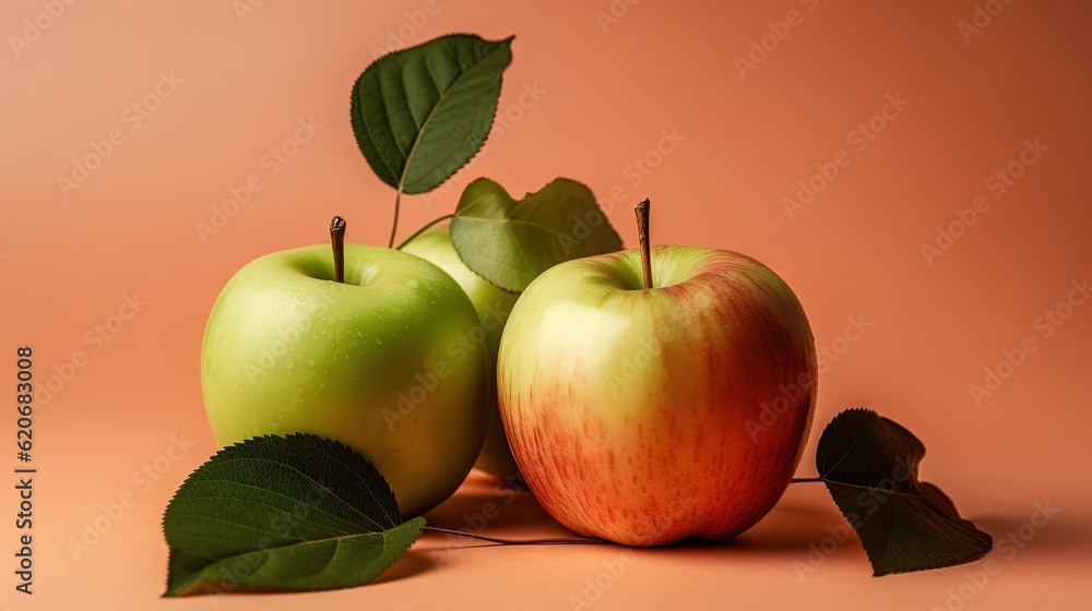  two green and one red apples with leaves on a pink background with a pink background and a green le