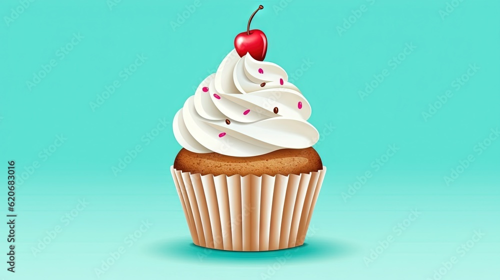  a cupcake with white frosting and a cherry on top of it, on a blue background, with a shadow of a c