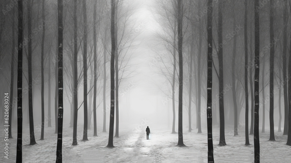  a person standing in the middle of a forest with trees in the background and a foggy sky in the dis