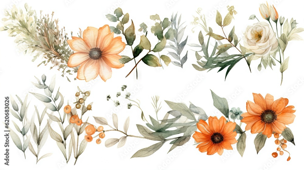  a watercolor painting of orange flowers and green leaves on a white background with a place for a t