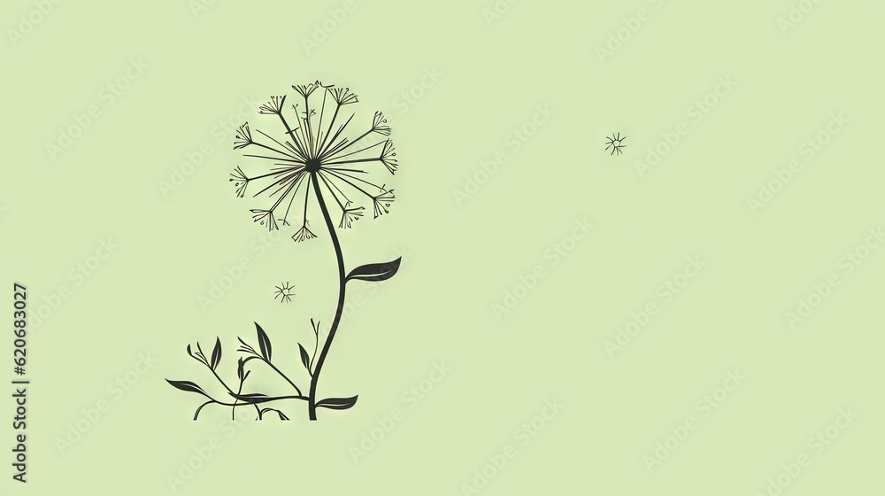  a drawing of a dandelion on a light green background with a small bird flying in the air above it a