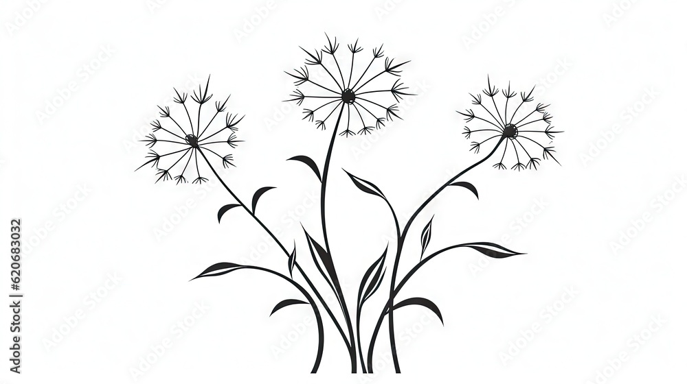  a black and white drawing of a dandelion plant with long stems in a square vase with leaves on the 