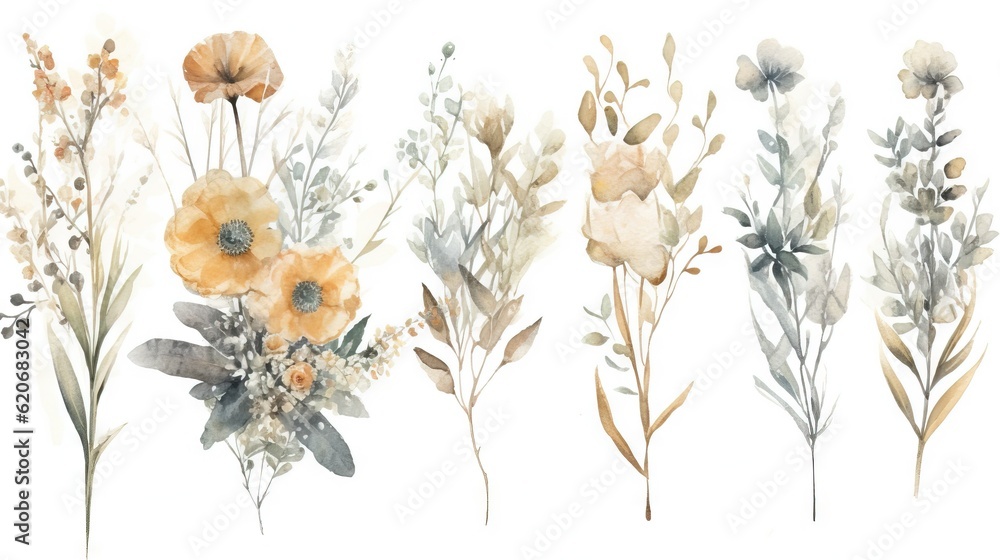  a bunch of flowers that are on a white background with a white background and a watercolor painting