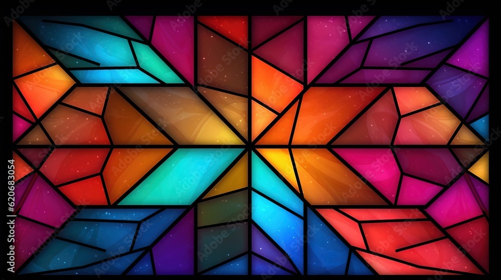  a stained glass window with multiple colors of different shapes and sizes of glass on its sides an