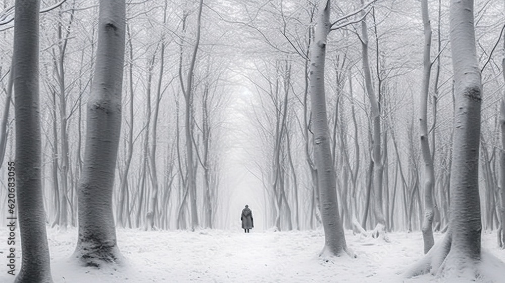  a person walking through a forest in the snow with a black and white photo of the person walking in