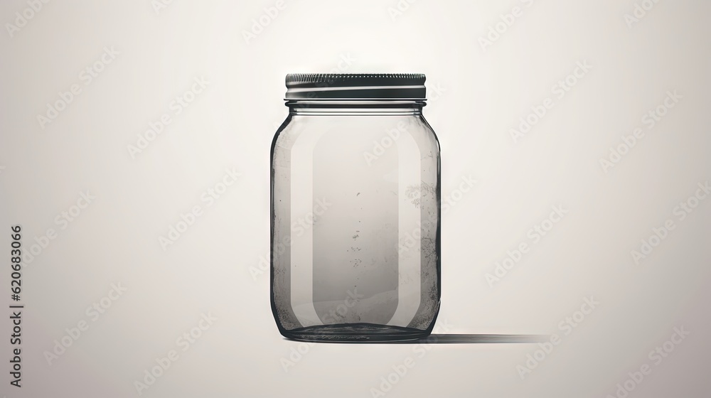  a glass jar with a black lid on a white background with a shadow of a jar on the floor and a white 