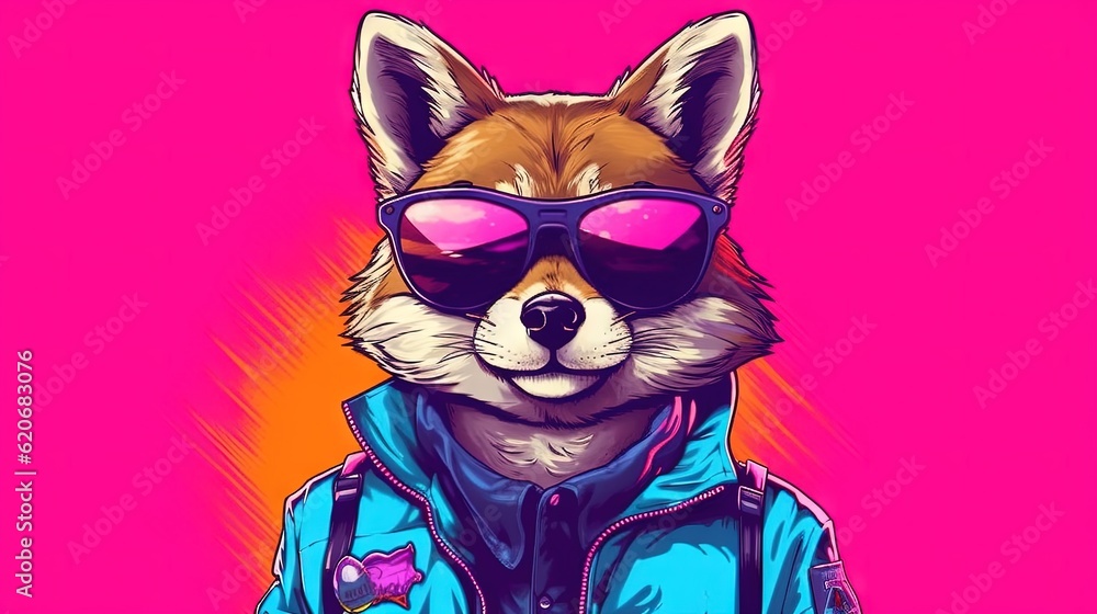  a dog wearing sunglasses and a blue jacket with a pink background and a pink background with a pink