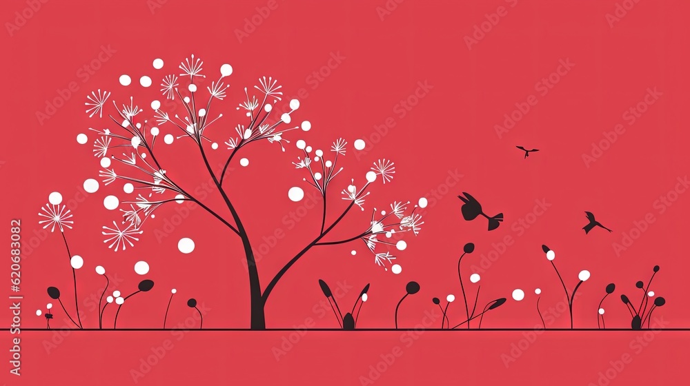  a tree with white flowers and birds flying around it on a red background with a black and white sil