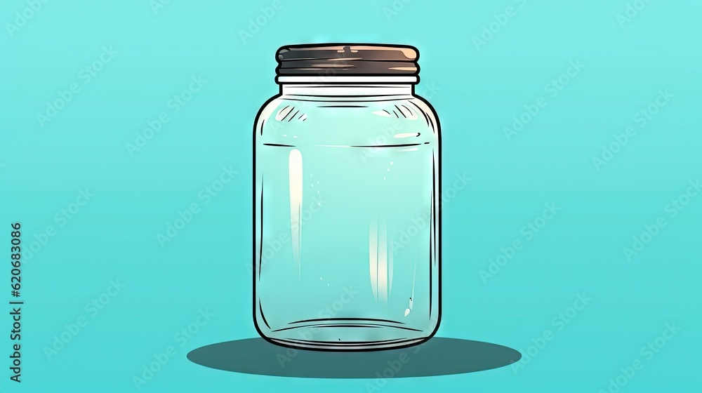  a glass jar with a brown lid on a blue background with a shadow of the jar on the floor and a light