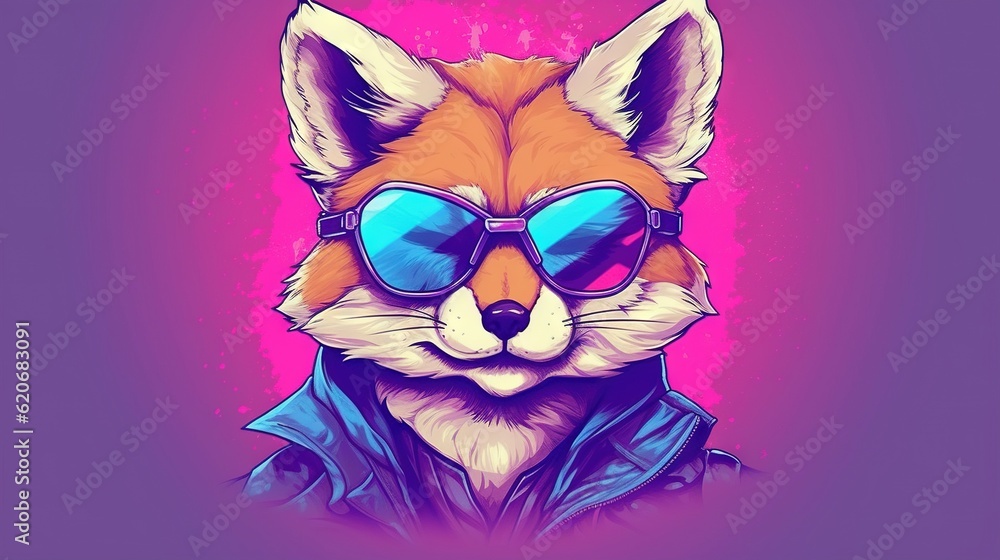  a red fox wearing sunglasses and a leather jacket on a purple background with a splash of paint on 