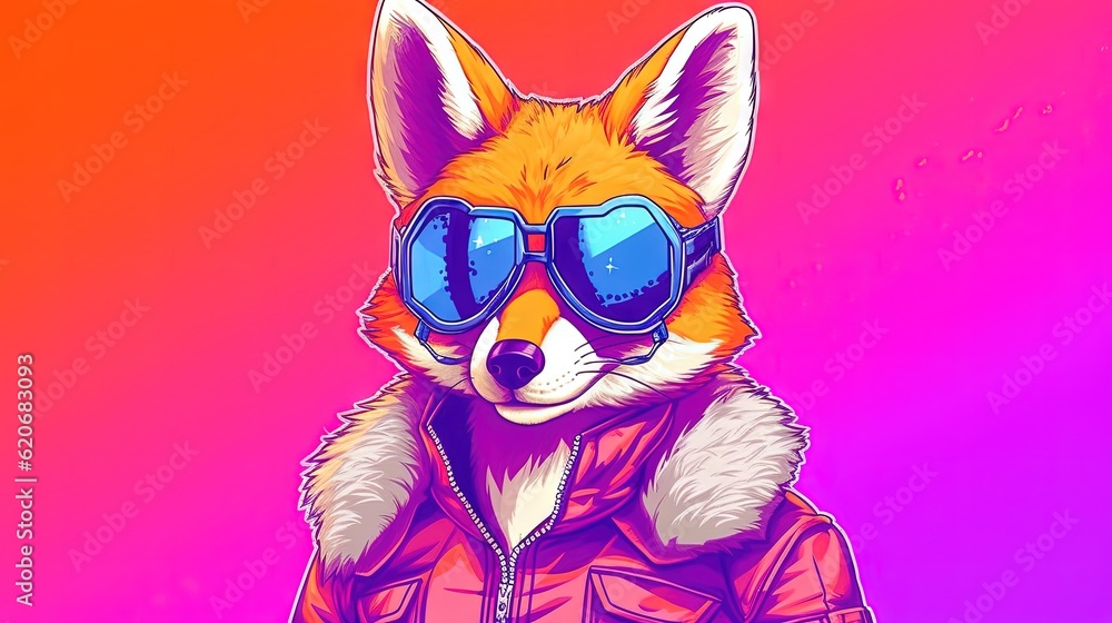  a red fox wearing sunglasses and a jacket with a hoodie over his head, on a pink and purple backgro