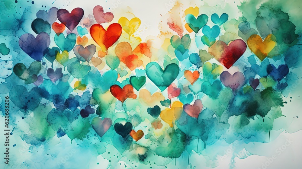  a painting of many hearts flying in the air with watercolor paint on its paper, and a white backgr