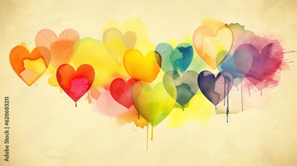  a group of hearts painted in different colors on a yellow background with a watercolor stain on the