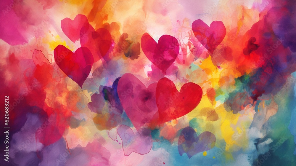  a painting of many hearts floating in the air on a colorful background of smoke and watercolors, wi