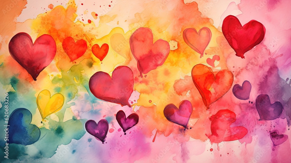  a painting of many hearts painted on a wall with watercolors and spray paint on the wall and the pa