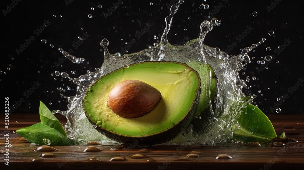  an avocado with water splashing on it and a piece of fruit in the middle of the image on a wooden t