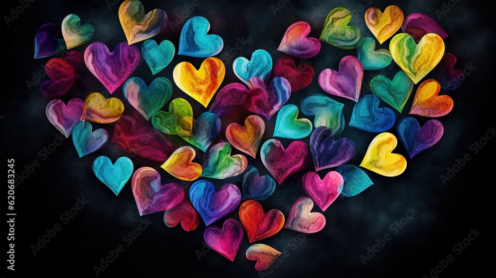  a painting of a heart made up of many different colors of hearts on a black background with a black